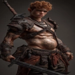 **Realistic 3d rendering. Epic battle scene. pregnant, Hyper muscular young elf with protruding stomach, handsome, tall, square jaw, short curly red hair, bright silver eyes, full bow-shaped bow-shaped, lips, defined muscles, vascular, freckles, pregnant belly, tattoos, square jaw, masculine features, handsome, short curly red hair, hyper oversized muscles, massive muscular arms, massive muscular biceps, massive muscular forearms, massive muscular legs, massive muscular thighs, massive muscular calves, hyper massive muscles, wearing leather armor, huge muscles, handsome, carrying large sword, running into battle. Realistic. --ar 9:16 --v 7.0** - Upscaled by <@1222981214734913607> (fast)