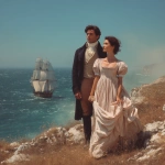 **photograph type picture of a gorgeously handsome man with dark hair and blue eyes dressed in Regency era clothing. He is standing on a cliff top with a beautiful woman also wearing Regency era clothing - empire line dress with high waist. They are holding hands and watching a sailing ship of the type like HMS Victory. It is sunny. They are happy --v 7.0** - Upscaled by <@1160482508425658468> (fast)