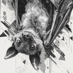 **A large, majestic bat hanging upside down, hidden within its wings, with only part of its mischievous face visible, its gaze conveying an intense expression. Anatomy inspired by the fruit bat, illustrated in a black, white, and gray color palette with rich grayscale nuances. Highly detailed line art, ink illustration style. The composition is geometric and partially deconstructed, with fragmented shapes and sharp angles projecting outward. Graffiti-inspired design, dynamic energy, aggressive motion, abstract geometric dispersion, high-contrast monochrome illustration, modern street art aesthetic, ultra-detailed, dramatic lighting, white background. --v 7.0** - Image #3 <@1068240844349509652>