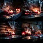 **<https://s.mj.run/C4JWowKI4Hk> A realistic photograph featuring a close-up of a wooden table surface in the foreground. In the background and surrounding areas, moody Halloween-themed decorations such as carved pumpkins with glowing faces, spider webs on white walls, and dim, flickering lights. The atmosphere is eerie and shadowy, with warm candlelight casting soft glows on nearby textures. --s 550 --v 6.1 --c 10 --cref <https://s.mj.run/C4JWowKI4Hk>** - <@437658373576720385> (fast)