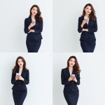 **elegant Asian businesswoman aged 25-27, long light brown hair, wearing a navy professional outfit, red lipstick and long red nails, standing at 45-degree angle, interacting with smartphone, looking composed and confident, clean white background, slight upward camera angle, soft studio light, minimal style, 4K realistic --v 7.0** - Variations (Strong) by <@427615579231485956> (fast)