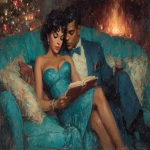 **Ernie Barnes art at Christmas, reading the Urantia Book, 8k, --chaos 99 --ar 8:5 --exp 50 --stylize 750 --v 7.0** - Image #3 <@843177938186797076>