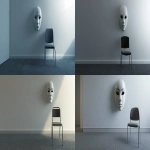 **A 3D room with a white wall and grey carpet floor. On the right side of the frame is an empty chair facing directly at the camera. Hanging on the chair is a large white mask with black eyes. --ar 64:31** - <@538736737350975538> (fast)