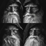 **realistic portrait of an old wise man with long white beard and deep eyes, wearing a dark hooded cloak, cinematic lighting, ultra-detailed wrinkles and skin texture, sharp focus on the face, soft shadows, mystical atmosphere, monochrome black and white, 8k, ultra realistic photography style --ar 3:4 --v 6.0 --no hand, staff, medallion, background symbols --raw** - Variations (Strong) by <@1146806236982034432> (fast)