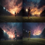 **High angle back view of a soccer player with number 8 running towards the goal, the ball in front of him. The goal is visible in the distance during a night summer match with beautiful weather and a vivid sunset sky. The stadium is brightly lit. Ultra-high resolution. --ar 16:9 --v 7.0 --p 1dpxt9m** - <@1164481202535792724> (fast)