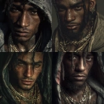 **no glamour, no glossy skin, no overly perfect features, no airbrushed look, no fashion editorial styling, no smiling, no cartoon, no anime, no hyper-symmetry, no plastic skin, no vibrant colors, no softness, no ripped jeans, no fraying clothes, no shiny jewelry, no modern luxury. Ultra-photorealistic cinematic close-up of a striking Black man with a chiseled, imperfect face, handsome, beard, big dark eyes, faint scars, weary eyes, and tied-back dreads. His hoodie is unzipped, showing tattoos and severwl gold link chains. Noir lighting with harsh shadows, muted tones, and film grain. His gaze is tired yet defiant, staring into the camera. Gritty and raw, indie-noir aesthetic.** - <@1190437763850444862> (fast)
-# Create, explore, and organize on [midjourney.com](<https://midjourney.com/imagine?from_discord=1>)