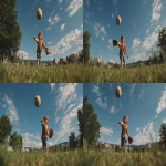 **Image from slightly above eye level: a 10-year-old boy wearing blue shorts and an ochre t-shirt stands on a lush green park lawn, mid-action as he throws a baseball directly toward the viewer. A baseball glove is on his hand, and the ball floats mid-air above him. He is looking directly at the camera. Natural sunlight with soft shadows illuminates the scene. The background features a clear blue summer sky, distant trees, and buildings along the horizon. Full-body view, professional color grading, clean sharp focus, no grain, cinematic quality. Shot with a Sony Alpha A7 III and Zeiss ultra-macro lens, f/2.8 aperture, high resolution:: --aspect 16:9 --s 250** - Variations (Strong) by <@1220830039520841890> (fast)