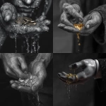 **a man try to grab jewelery and money, when he take the gold , it melts from his hand, hand closeup view, realistic,greyscale** - <@952241321618337842> (fast)