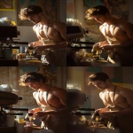 **a young boy inspired by Ganymede, working as a barista in a modern café, gently pouring coffee into a cup for a customer, wearing a loosely tied apron, fit and graceful build, nice chest, nice abs, warm morning sunlight, soft golden highlights on his face and arms, classical Greek design motifs subtly integrated into the café interior, pastel yellow and brown colors, cinematic photography, --ar 2:3 --v 7.0** - Remix (Subtle) by <@358254535862648853> (fast)
