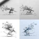 **mouse running and holding a long stem bouquet of florals and leaves that flows behind him, pencil sketch** - <@1202707032818458747> (fast)