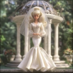 **a 1980’s Barbie doll in a wedding gown of satin and chiffon. The dress is mermaid style. The veil is simple and feminine. In the background is a beautiful gazebo. Ultra realistic, highly detailed, photorealistic. HD --v 7.0** - Upscaled by <@1327691479602298971> (relaxed, stealth)