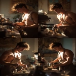**a young boy inspired by Ganymede, working as a barista in a modern café, gently pouring coffee into a cup for a customer, wearing a loosely tied apron, fit and graceful build, nice chest, nice abs, warm morning sunlight, soft golden highlights on his face and arms, classical Greek design motifs subtly integrated into the café interior, cinematic photography, --ar 2:3** - Variations (Strong) by <@358254535862648853> (fast)