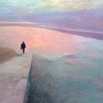 **rich pastel colors composition / of a man / walking on a path / near an expansive body of water** - Image #3 <@1080572898269466724>