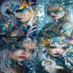 **Symmetrical front view of An artistic fantasy makeup portrait inspired by the Chinese legend ‘Jiao Ren’. A regal Young Korean Idol smile to camera, symbolizing the mermaid and fairy ancestry golden, orange, and royal navy tones in shimering white face paint. mermaid-scale eye makeup with metallic gold eyeliner shaped like a dragon curve, shimmering midnight blue and glittery cobalt gradient eyeshadow, pearl and crystal accents around the eyes. Deep ruby lips with golden glow, glowing porcelain white painted body with splitcake paint in ethereal light, wearing an elaborate headdress and earrings made of glass beads, Subtle mermaid scales painted on the temples and neck and shoulders, in the style of ippei gyobu mecha. the full-body portrait features exquisite details, white hair, long fantasy nail art. the background is a realistic family mart store interior with bright and soft professional lighting, resulting in an ultra-high definition, high-resolution, and super-detailed image. --ar 9:16 --profile maltihr --chaos 10 --v 7.0** - <@1043498067623686144> (fast)