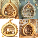 **Durian Playroom with Creative Corners - inside a hollow durian, slightly top-down view, spiky segments forming shelves and tiny ladders, Hazel the rabbit and Pip the hedgehog crafting toys, small durian seeds as material and shelves, spiky scales decorating walls and furniture, whimsical cozy space, bold outlines, storybook illustration, smooth shapes. --v 6.1** - <@1426448926453530644> (relaxed)