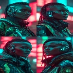 **realistic cyberpunk black female at night in a neon city background, red and turquoise. Strong with light from above, on the face. High contrast. The female is looking towards the camera 3/4 view, she has braids and a side shave, glowing eye cyber gear, glowing ear cyber gear. --ar 9:16 --v 7.0** - Variations (Strong) by <@1174469651695144981> (fast)