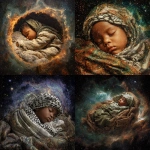 **make a detailed full body renaissance painting of the full body a middle eastern baby baby jesus sleeping in mid-distance in outerspace, with a ring nebula as his cradle. it's important to see the texture in the painting. the baby has brown skin, green eyes and has a keffiyeh around his neck. we can see the full body of the baby. shot with 24mm wide-angle lens** - <@1004567301909118977> (fast)