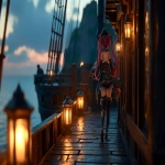 **full body anime-style pirate idol girl inspired by Houshou Marine from Hololive, walking gracefully along the edge of a pirate ship deck while singing, eyes looking toward the distant horizon, crimson twin tails moving in the wind, detailed pirate costume, cinematic lighting with soft lantern glow, highly detailed anime artwork --v 7.0 --ar 16:9 --oref <https://s.mj.run/jlFWf63AZNQ> --ow 400** - Image #2 <@1112784568303497357>