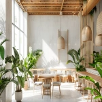 **A minimalist tropical restaurant design, seamless indoor-outdoor flow, white concrete walls, warm wood slats, lush indoor plants, rattan furniture, soft natural sunlight, serene atmosphere, architectural visualization --ar 3:2 --v 6.0** - Image #2 <@1296729788215595112>