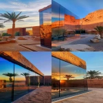 **an iphone pro camera photo of an al ula hotel designed in the style of james turrell in the desert at sunset, with modern architecture and ancient arabian wall features and a small courtyard made from rammed earth walls, with large glass windows that show colorful reflections of palm trees and blue sky, taken on a canon eos r5, hyper-realistic. --ar 59:128 --v 6.0** - <@960285567457841182> (fast)