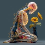 **A kneeling figure with a translucent body reveals intricate anatomical details--vibrant organs pulsating in crimson, gold, and sapphire hues alongside ivory bones, head tilted to showcase a luminous neural network brain, surrounded by organic vines creeping across an emerald backdrop leaning toward a cobalt vase cradling a sunflower bursting with yellow petals, rendered in hyperrealistic textures with soft bioluminescent lighting that accentuates cellular structures, embodying the interconnected beauty of biological existence. Super colorful, super vivid --s 250** - Image #2 <@908623560245911562>