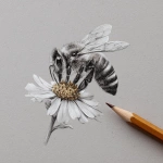 **A honey bee sitting a flower. Detailed pencil drawing.** - Image #1 <@817022345902162030>