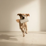 **A scrappy, medium-sized mixed-breed dog dashes through a professional photography studio, solid cream background, clutching a white Moleskine notebook in its mouth. The camera follows in a dynamic tracking shot at low angle, emphasizing the dog’s swift movement and determination. Bright lighting, soft shadows, casting warm highlights on the scene. Happy mood, occasional barking, footsteps echoing faintly. Style is clean and minimalist, capturing spontaneous life. No humans visible. Cinematic, no subtitles. --s 50 --raw** - Image #4 <@1041542379544526880>
