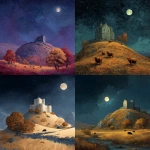 **scottish motte-and-bailey Castle on a hill with 4 highland catlle , new moon night with shining stars in autum** - <@687598645855649848> (fast)