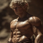 **Realistic 3d rendering. Full body portrait of ruggedly handsome, Hyper muscular handsome elf, bright silver eyes, short curly blonde hair, short pointed ears, defined muscles, pronounced features, hyper muscular, wide Grecian nose, strong square jaw, defined cheek bones, masculine features, freckles. Bodybuilder. wearing a tight short leather skirt. His oiled skin glistens under intense studio lighting. A strong camera flash highlights the shine on his muscles, creating bright reflections on his body, arms, and thighs. Retro fitness photography style, slightly exaggerated lighting contrast, 90s magazine aesthetic, center-framed, studio portrait shot. Standing and posing in a sunny rocky field. --ar 5:6 --v 7.0** - Image #3 <@1222981214734913607>