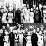 **A vintage anime-style full-body black-and-white illustration. A group of creepy abstract non-human creatures posing for a group photo, concept art, futuristic. --v 7.0** - Variations (Strong) by <@852041915598635039> (fast)