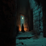 **a cinematic 3D scene in 16:9 aspect ratio, showing a young girl seen only from behind, wearing a black abaya and scarf, sitting alone in a dark stone room after the tragedy of Karbala, her back slightly hunched in sadness, she is facing a small wooden window and door, through which a full moon is visible in the night sky, soft blue moonlight shining through the window and door, casting gentle light on the girl's back, the room is dimly lit with a candle flickering beside her, outside shows burnt tents and palm trees in ashes, the mood is deeply emotional, expressing loss and longing, warm amber tones mixed with cold blue light, realistic texture, soft shadows, volumetric cinematic lighting, ultra-detailed, 4K resolution --ar 16:9 --zoom 2** - Image #4 <@1293207297316880454>