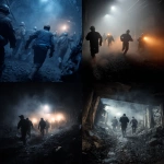 **coal miners working in a dark and dangerous underground mine. from the back of the mine, it starts to collapse. everyone is running torard the the camera. miners look scared** - <@499594555298021396> (fast)