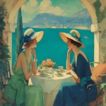 **<https://s.mj.run/kpWIqgf0c1A> pochoir illustration, hand-stencilled color, art deco fashion plate of two elegant women sharing afternoon tea on a sunlit terrace overlooking the Mediterranean, French Riviera, early 20th-century elegance, Pastel colors, planar composition, compressed depth, wide-brim straw hats with ribbons, provocative flowing dresses, intimate feminine friendship, relaxed posture, gossip, porcelain teacups and floral bouquet on a white tablecloth, turquoise sea with a small boat in the distance, arched terrace framing the view, late afternoon light, dreamy atmosphere, romantic, calm, aspirational lifestyle, timeless femininity, gentle color harmony, interior-design friendly, nostalgic yet modern, Pastel colors --ar 5:4 --stylize 200 --chaos 12 --v 7.0 --iw 0.2 --no orange dress** - Image #1 <@988364629556199494>