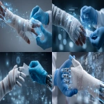 **in the photo, there is an arm with white bandages on it and another hand wearing blue gloves holding medical gauze to wrap the bandage on that arm. the background of both hands contains some technological elements such as data visualization or holographic images. this scene conveys futuristic technology in healthcare, combining traditional nursing attire with modern design. --ar 32:17** - <@1329364848194097226> (fast)