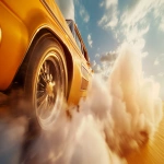 **close-up of a vintage yellow taxi cab driving on top of clouds. The close up is of the tyre spinning fast on glowing clouds, cloud flicking up, early sunlight reflecting off chrome hubcaps, cinematic, slow-motion feel, intense detail, 35mm film texture --v 6.0 --ar 16:9 --raw** - Upscaled (Creative) by <@846005071686270976> (fast)