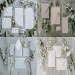 **Flat lay of minimalist wedding stationery suite including invitation, envelope, RSVP card, and details card, arranged neatly on a smooth concrete background, soft natural daylight, there is a small branch of eucalyptus leaves on one side of the cards, and some white flowers on the other side of the cards, the cards are in the center of the image. --ar 3:2 --v 6.0** - <@335778337144438786> (fast)