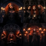 **Dark Goddess Book of Spells cover, three powerful dark goddesses standing together, one Asian, one Black, one White with flowing red hair, mystical and ethereal atmosphere, occult symbolism, moon phases, gothic witchcore aesthetic, ornate arcane sigils, glowing candles, dark enchanted forest background, rich parchment tones, highly detailed, intricate, dramatic lighting, fantasy realism, symmetrical composition --ar 17:22 --v 5.2** - <@1193645643839848488> (fast)
