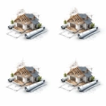 **3D architectural house model with partial roof construction, wooden trusses visible, surrounded by technical sketches and measurements, rolled blueprints beside it, creative architectural concept blending realism and drawing, high-quality rendering in white background --raw** - Zoom Out by <@924967683852746793> (relaxed)