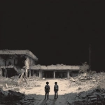 **An evocative and minimalist digital artwork, medium shot, rendered in a dark, monochromatic style consistent with previous designs. The composition prominently features a partially destroyed school building, with distinct architectural elements like classrooms, visible blackboards or educational posters, and perhaps a damaged school sign or playground equipment clearly identifiable in the background. In the foreground, two young, silhouetted figures, seen from behind, navigate through scattered rubble and debris, implying their presence within the converted shelter. The sky above is a uniform dark tone, emphasizing the bleakness of the scene. The figures appear small and vulnerable against the backdrop of the ruined educational institution, highlighting the profound impact of conflict on children and the repurposing of vital community spaces. The overall mood is somber and reflective, conveying the disruption of learning and the precariousness of refuge, presented with a stark and uncluttered visual approach** - Image #2 <@1032195406119043132>