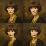 **Ms. Kikuko Matsushita, a Japanese woman in her early 60s. Her hair is short for a woman, brown with evenly trimmed bangs. She has a sharp, intense gaze, yet her eyes soften into a gentle, wry smile. She is quite slender but short in stature. Portrait. Oil painting style.** - Variations (Strong) by <@1105655477741813870> (fast)