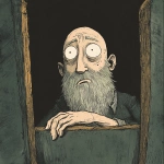 **illustration of a white eyed man in rest post looking up out of a coffin, arms folded across the chest. The man is bald with a beard and looks a mix of sad and happy. High angle, cartoonish, in the style of Ralph Steadman, highly stylized** - Image #2 <@968630923732082788>