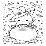 **kawaii witch bunny stirring a bubbling cauldron, bats flying around, stars in the background, heavy line art, coloring page --ar 5:7** - Image #2 <@437878260013989888>