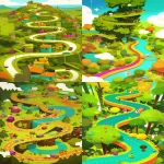 **There is a long, winding road in the middle, with bushes and trees growing thickly around it. --ar 9:16 --sref <https://s.mj.run/KJhR8DM9C-E> --niji 6** - <@447120038336397333> (fast)