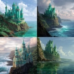 **A breathtaking castle made of sea-glass on the egde of a green cliff over looking the ocean. The castle reflects all colors of light and had banners of sea-green and blu eflyign from it's spires** - <@501088304150741013> (fast)