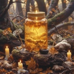 **A mason jar of glowing golden oil set among burdock roots, dandelion, and ginger, with a Black Onyx stone resting nearby. The background is winter forest soil, roots winding through dark earth. Candlelight glows softly, symbolizing discipline and devotion. Rich textures, warm golden light, sacred herbal imagery, high detail, ethereal atmosphere. --v 6.0 --s 750** - Image #2 <@1090630909448949831>