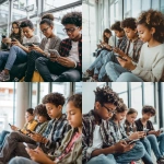 **Ultra-realistic documentary-style photograph of African American and Hispanic adolescents ages 11-13 sitting together in a modern, well-lit indoor space, casually using smartphones and tablets. The group includes boys and girls of different ethnic backgrounds, natural facial expressions, relaxed body language, age-appropriate clothing, subtle interaction and shared attention on screens. Soft natural window light, realistic skin texture, shallow depth of field, professional DSLR photography, 50mm lens, high dynamic range, candid moment, contemporary educational setting. No exaggerated features, no stylization, no illustration, no cartoon look. Photorealistic, authentic, human, editorial photography style.** - <@950771113464569916> (fast)