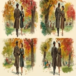 **a vintage illustration of an african american couple in love, walking hand-in-hand through the park on their first date during autumn. the man is dressed in classic mid-century attire with a long coat and hat, while his female companion wears elegant period-appropriate . they both have smiles as they explore nature's beauty in the fall. in the background, trees show leaves changing colors, with people sitting and enjoying the sun, and falling red, orange, green, and brown leaves. --ar 64:35 --v 7.0** - Variations (Strong) by <@1142201622697623682> (fast)