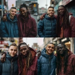 **a photo of two handsome young men smiling and posing for the camera. one is white with short brown hair wearing a blue puffer jacket, the other is a black man with long dreadlocks on top and a fade haircut, wearing a dark red-orange windbreaker. the background is an urban street setting with buildings and signs, and they both have their arms around each other's shoulders, in the style of annie leibovitz. --ar 127:128 --v 7.0 --p 7t8d38w** - <@995751013732581408> (relaxed, stealth)
