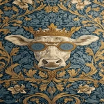 **<https://s.mj.run/0GMbnBQLfYo> william morris wallpaper design of humanoid cows wearing sunglasses and wearing a crown, using 3 colours only --no birds --ar 13:25 --iw 3** - Image #2 <@1103975769467789322>