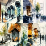 **<https://s.mj.run/Nlu3ItpiLmk> <https://s.mj.run/5Zwnb5PDQNM> an illustration using black pen and watercolour, loose sketchy watercolor and black pen illustration of a futuristic healthcare waiting room where people are scanned and then led by robots that are human like to individual weelnes pods, the style is country farmhouse with a fireplace meets zaha hadid organic futuristic architecture highly detailed --ar 16:9 --v 6.1 --s 250** - <@999895176619237436> (fast)